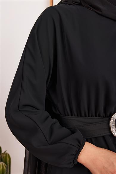 Şifon Kemerli Elbise - Siyah