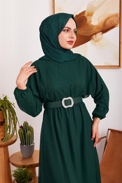 Şifon Kemerli Elbise - Zümrüt Yeşil