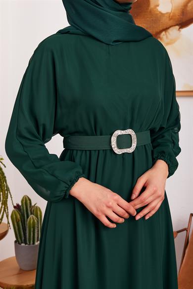 Şifon Kemerli Elbise - Zümrüt Yeşil