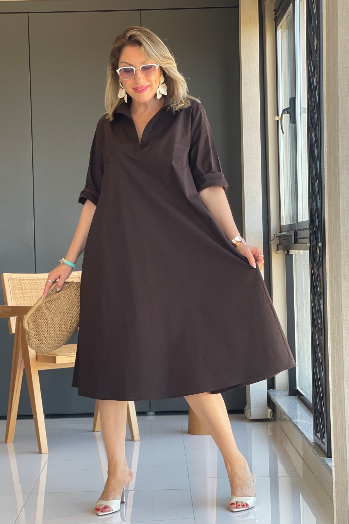 Acı Kahve Oversize Poplin Elbise