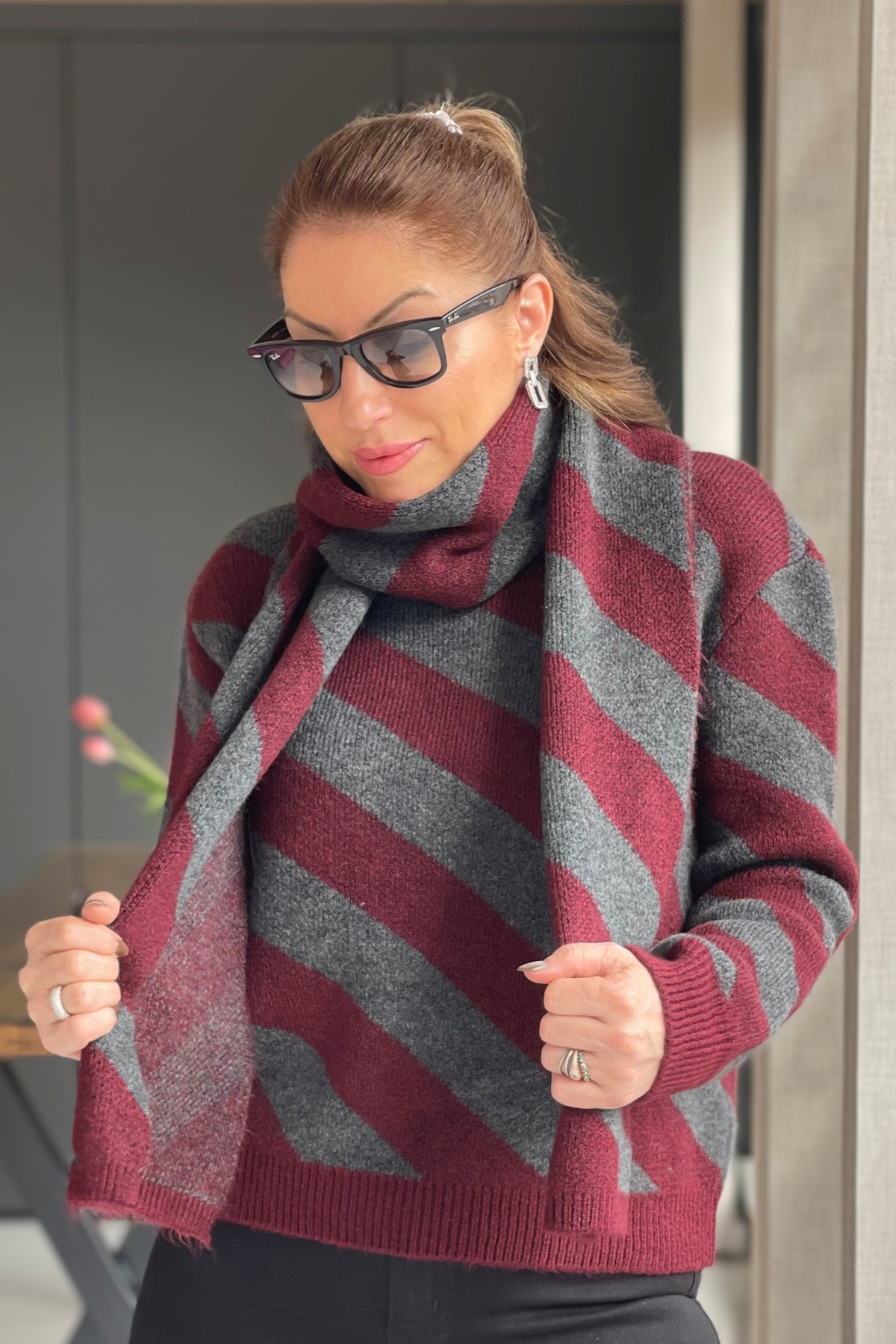 Atkı Detay Bordo Antrasit Kazak