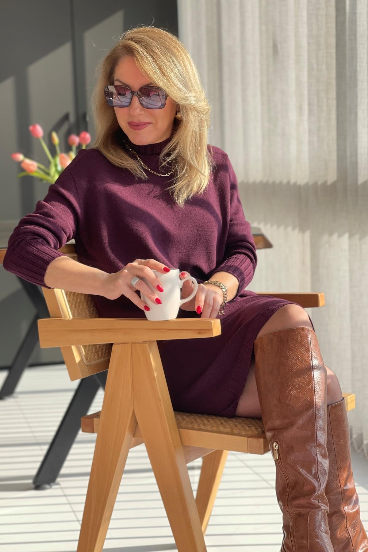 Balıkçı Yaka İthal Triko Mürdüm Elbise