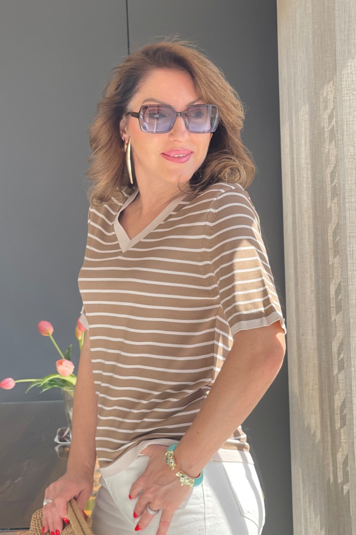 Bej Çizgi Cappuccıno Triko Bluz