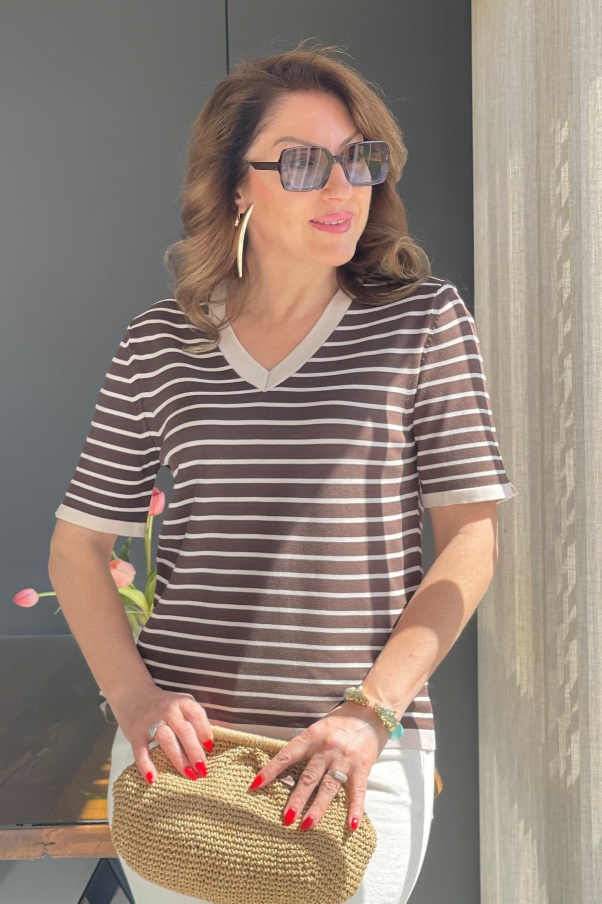 Bej Çizgi Kahve Triko Bluz