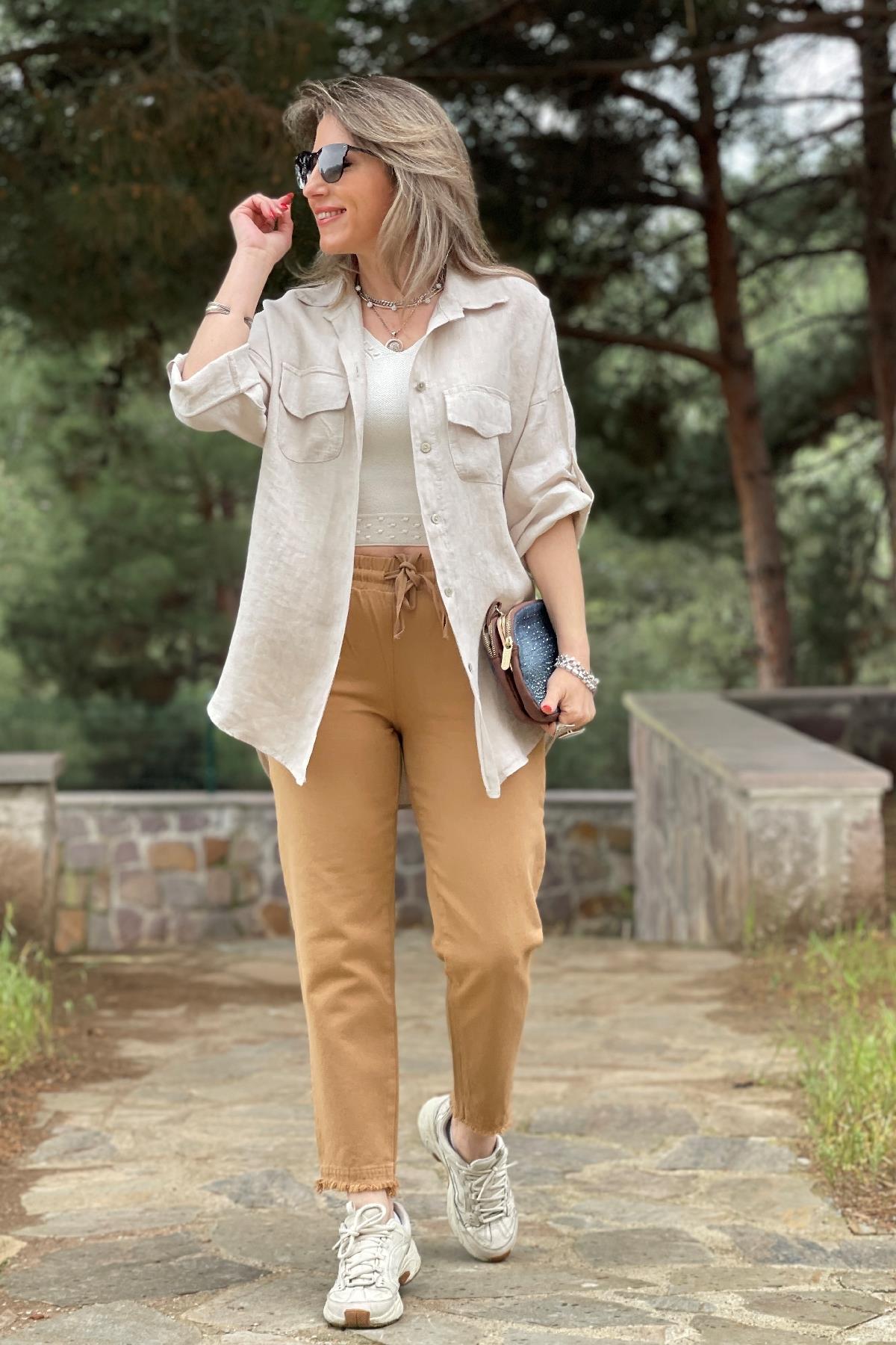Beli Lastikli Paça Detalı Gabardin Pantolon Vizon