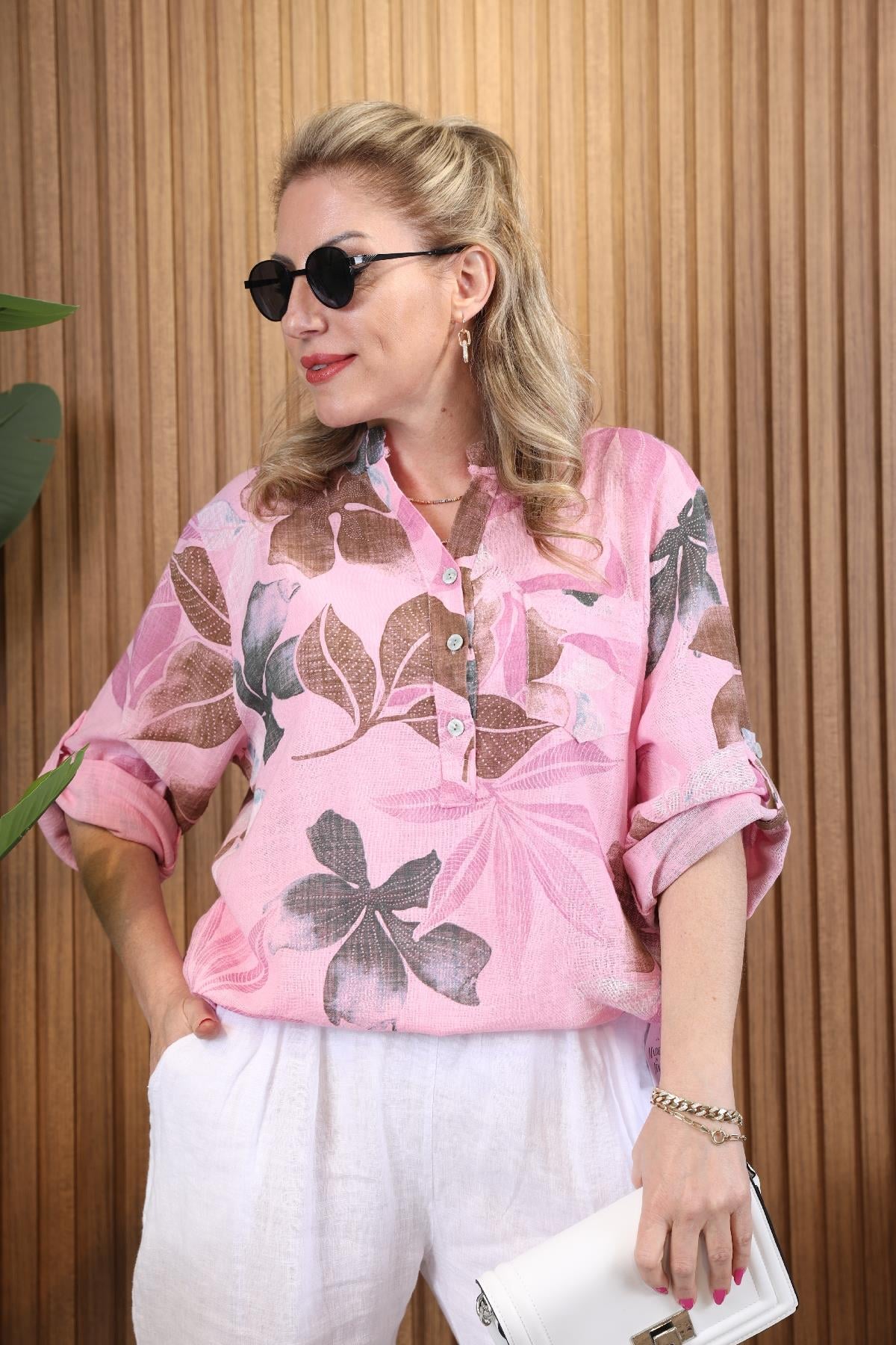 Big Leaf Desen İthal Pamuk Pembe Gömlek