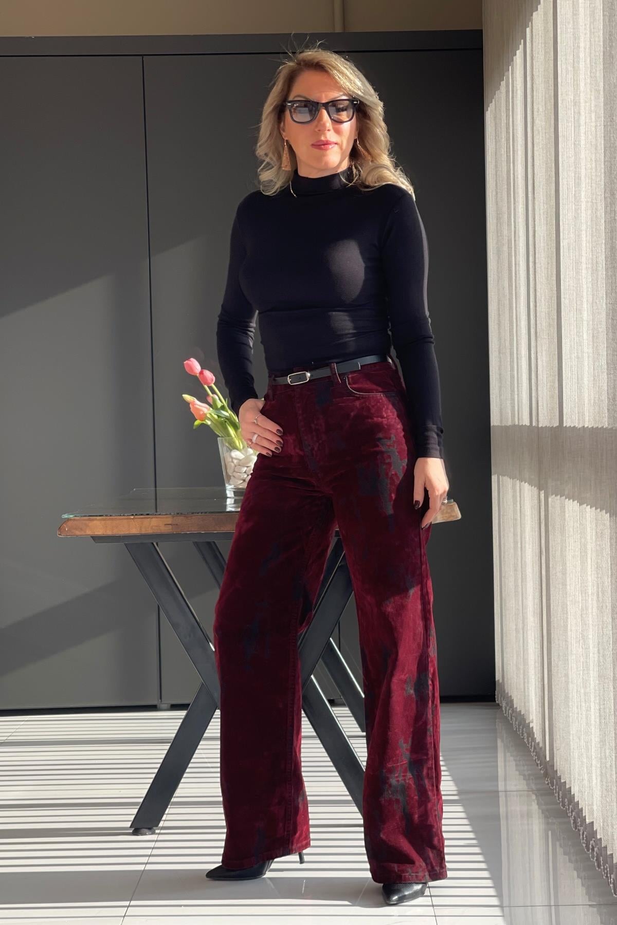 Bordo Siyah Kadife Pantolon