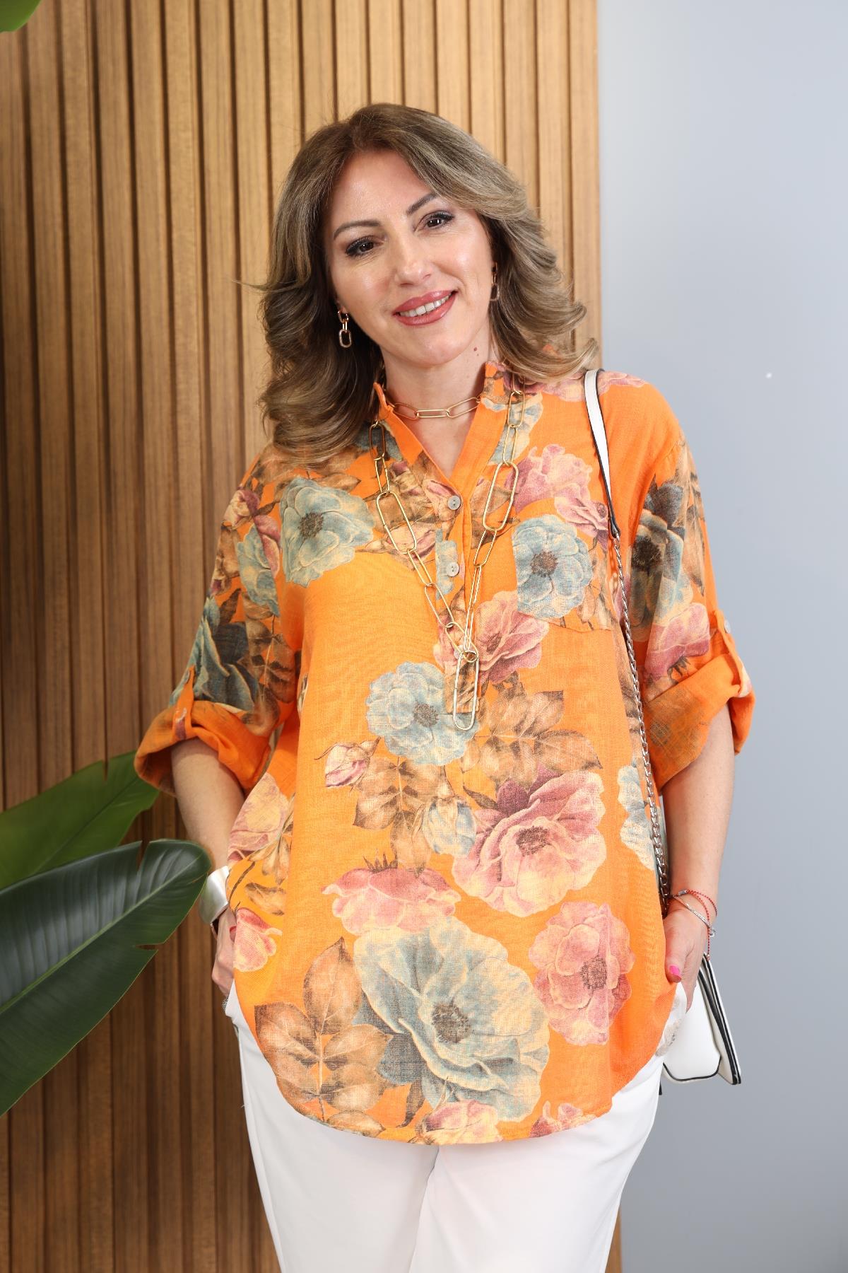 Büyük Gül Desenli İthal Orange Gömlek