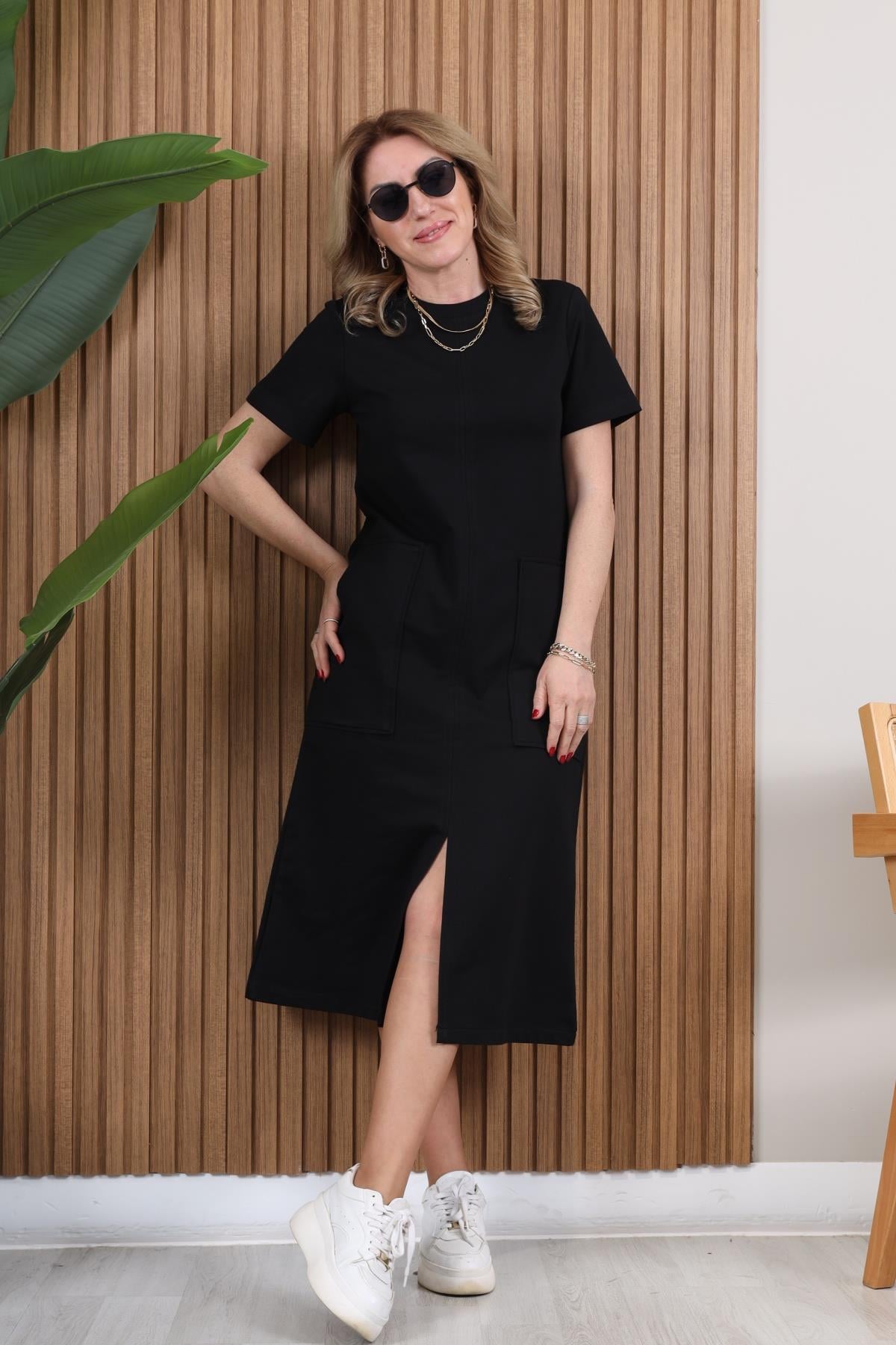 Cep Detay Siyah Elbise