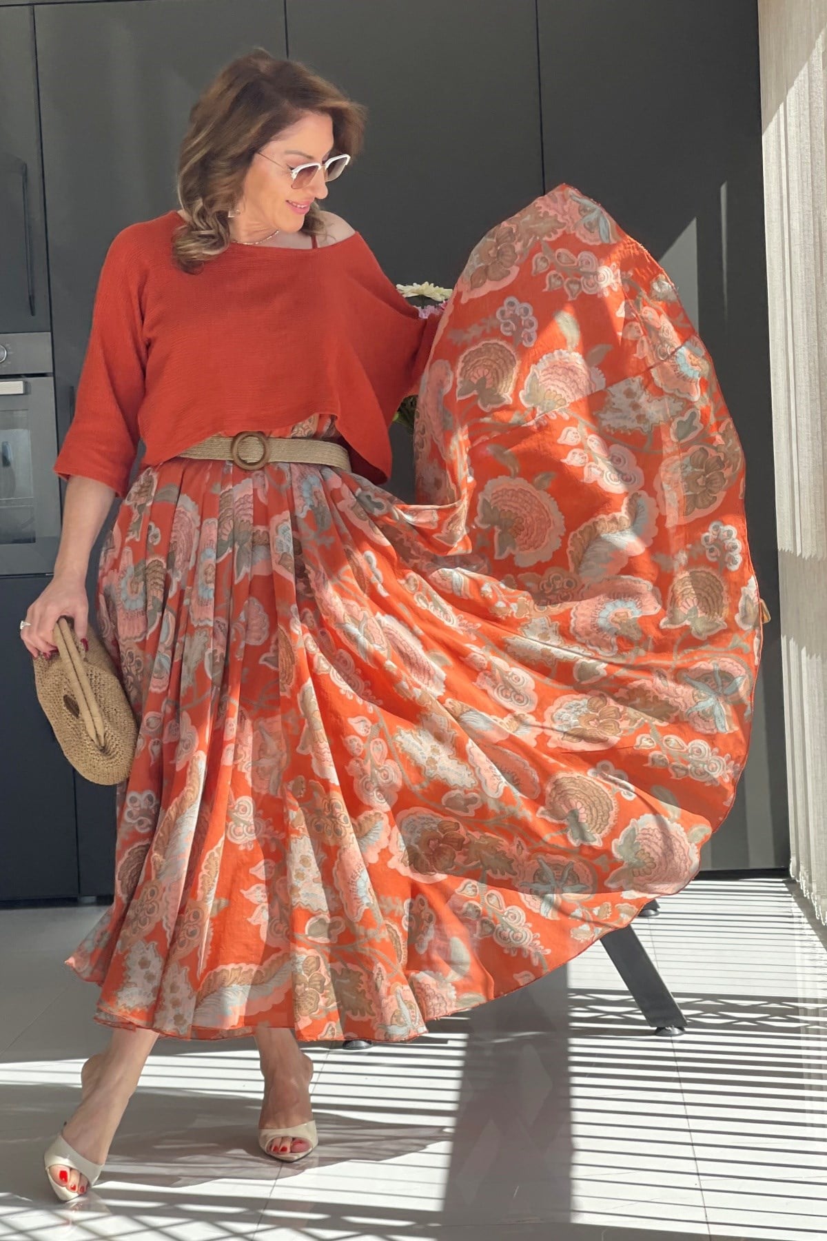 Çiçek Desen İthal Kiremit Elbise