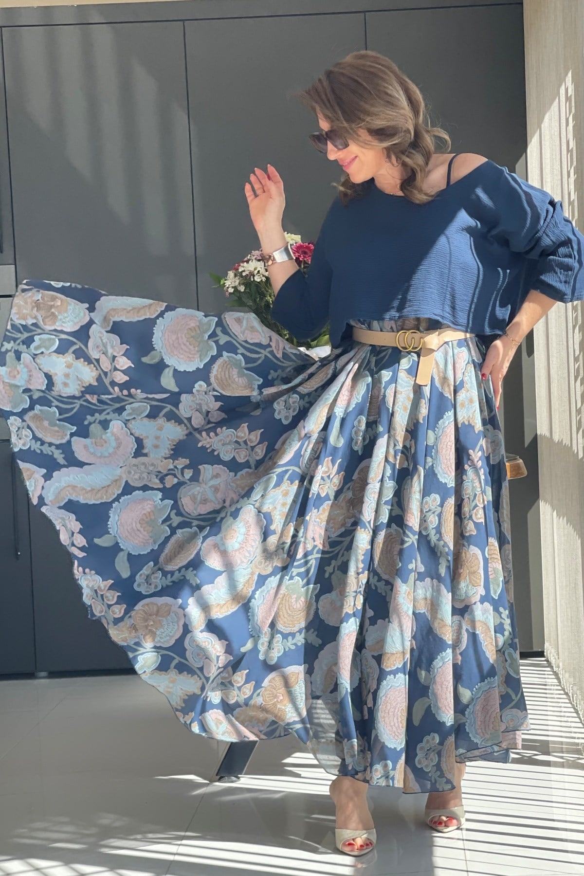 Çiçek Desen İthal  Lacivert Elbise