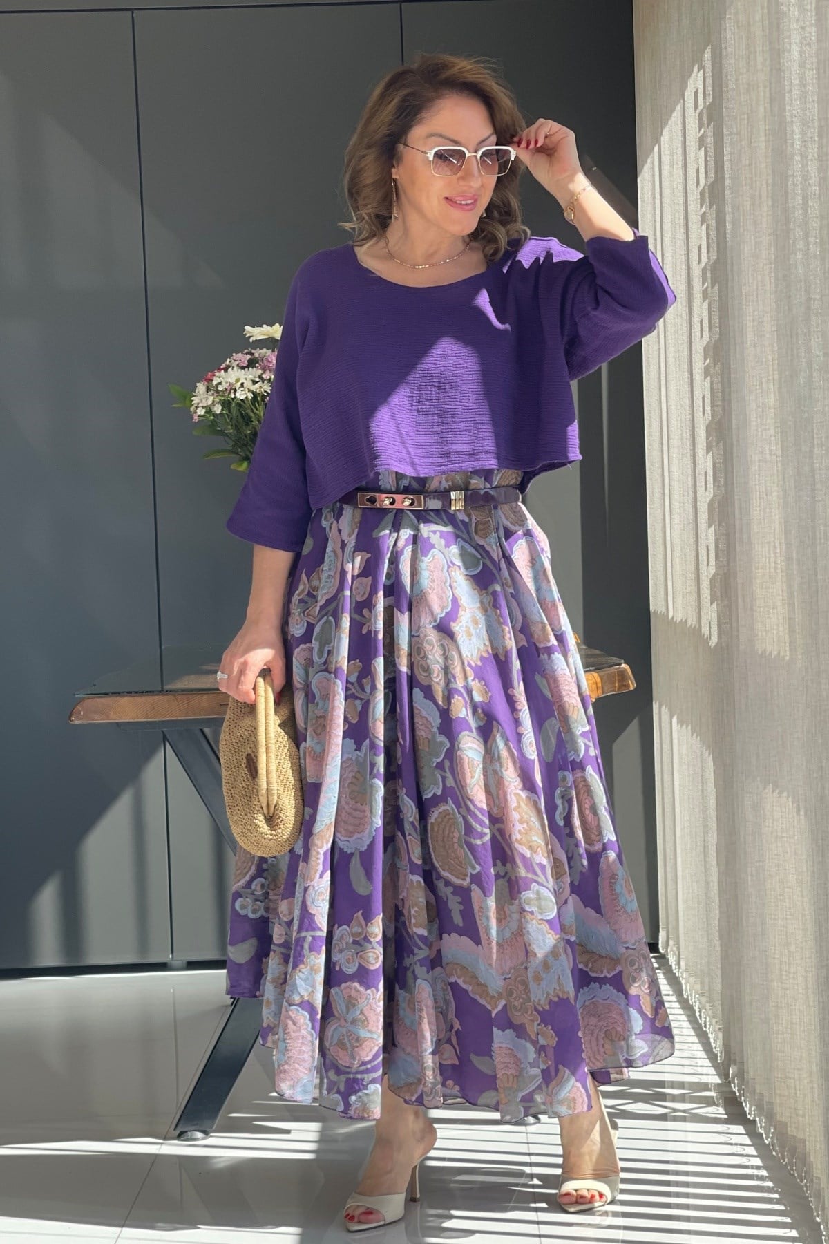 Çiçek Desen İthal Mor Elbise