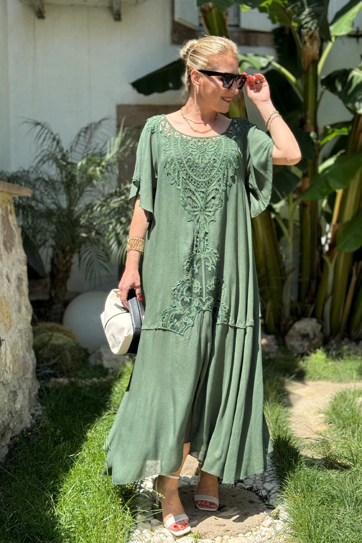 Dantel Detay Haki Kat Elbise