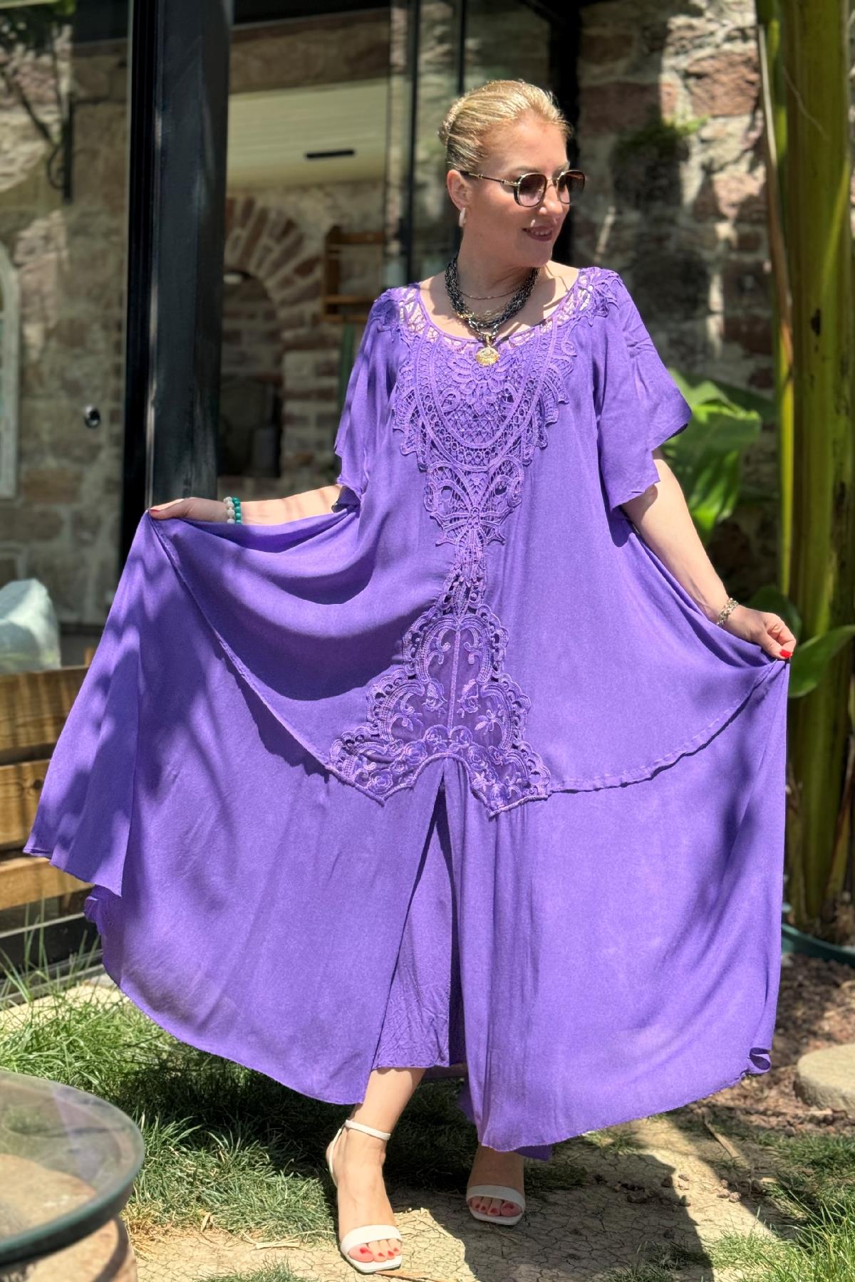 Dantel Detay Mor Kat Elbise