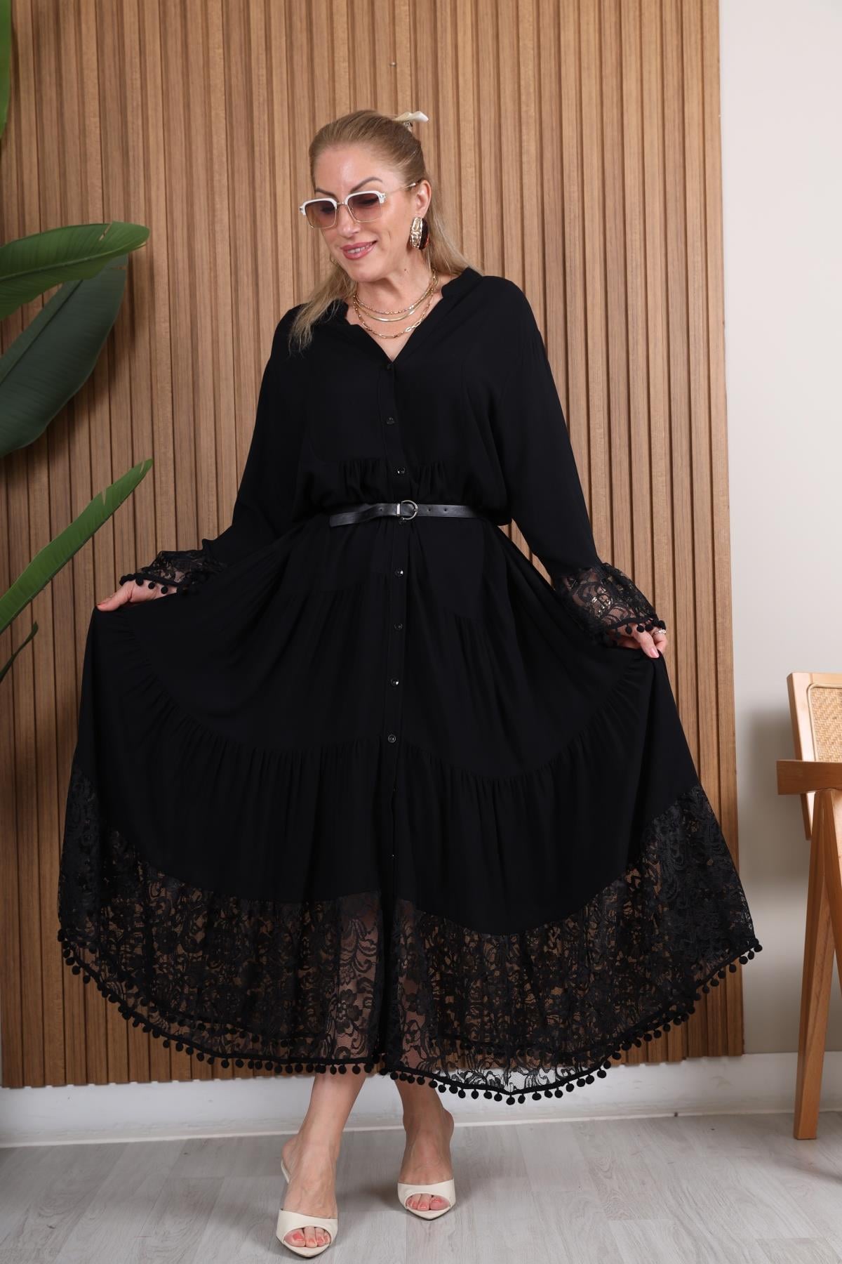 Dantel Detay Siyah Elbise
