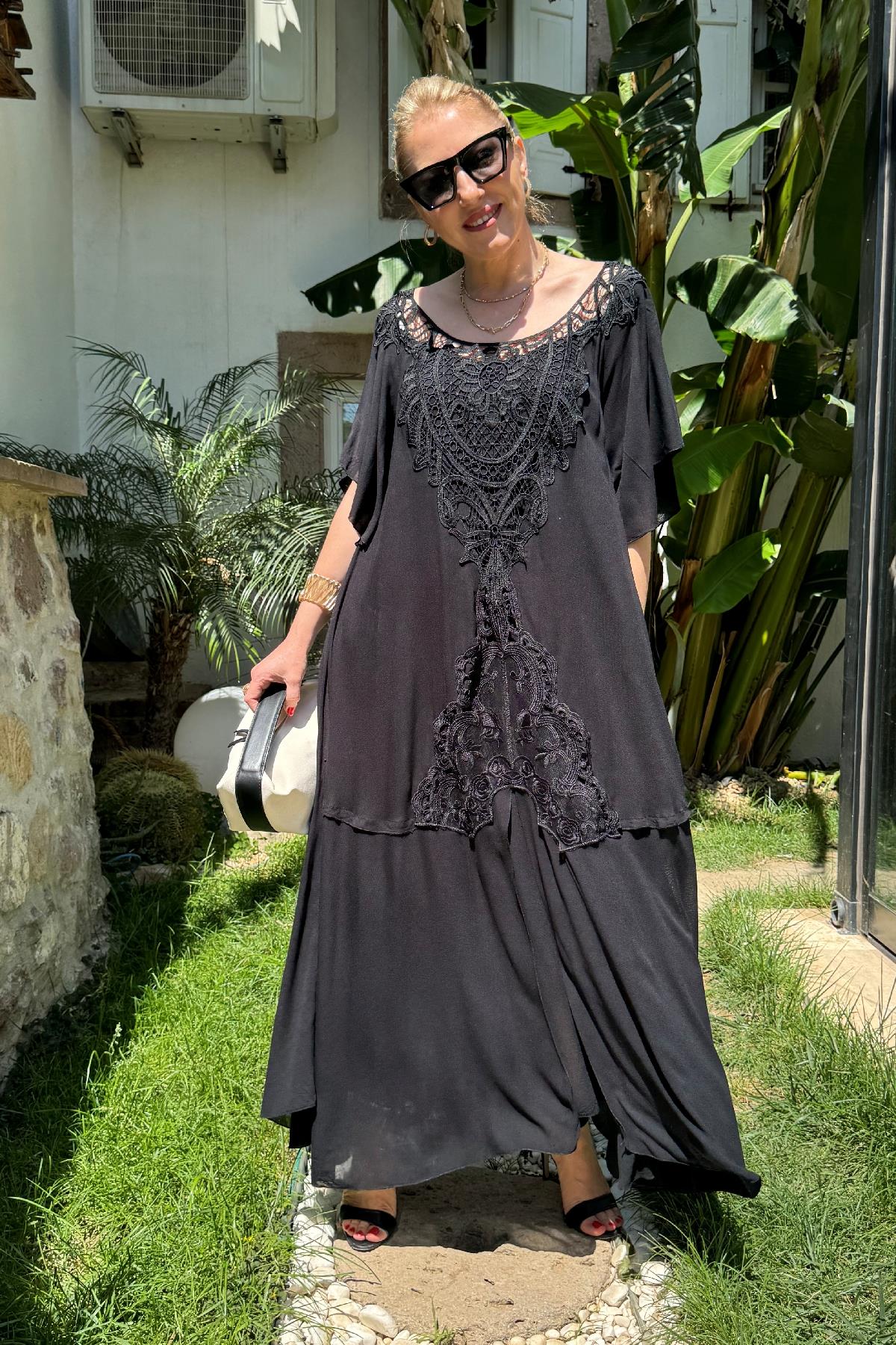 Dantel Detay Siyah Kat Elbise