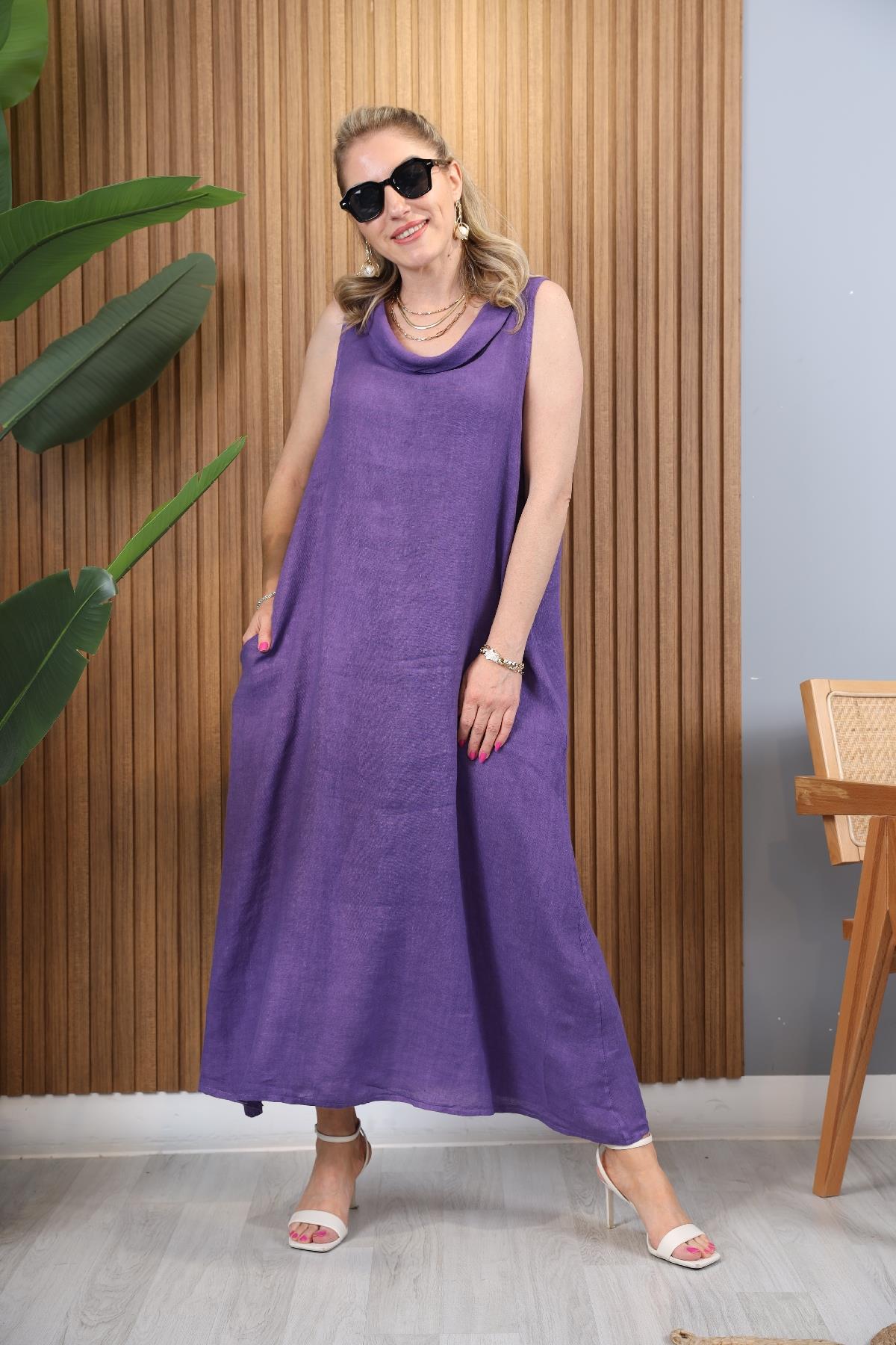 Degaje Yaka İthal Keten Mor Elbise