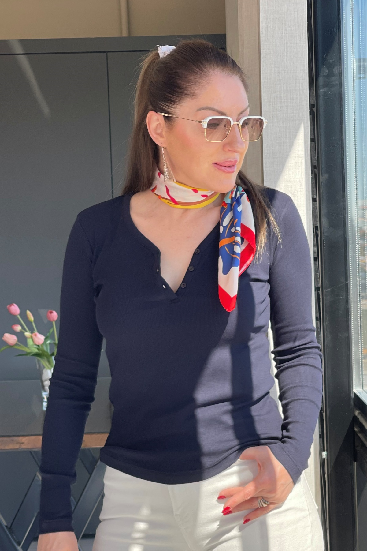Düğme Detay Fitilli Lacivert Bluz