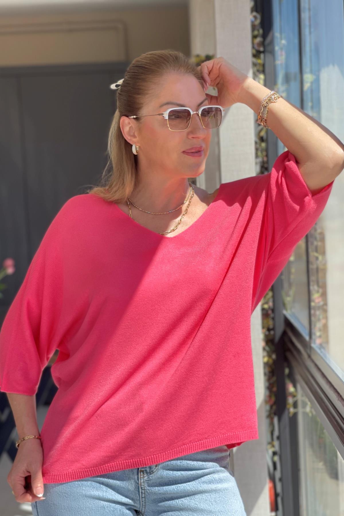 Düz Desen Pembe Triko Kazak