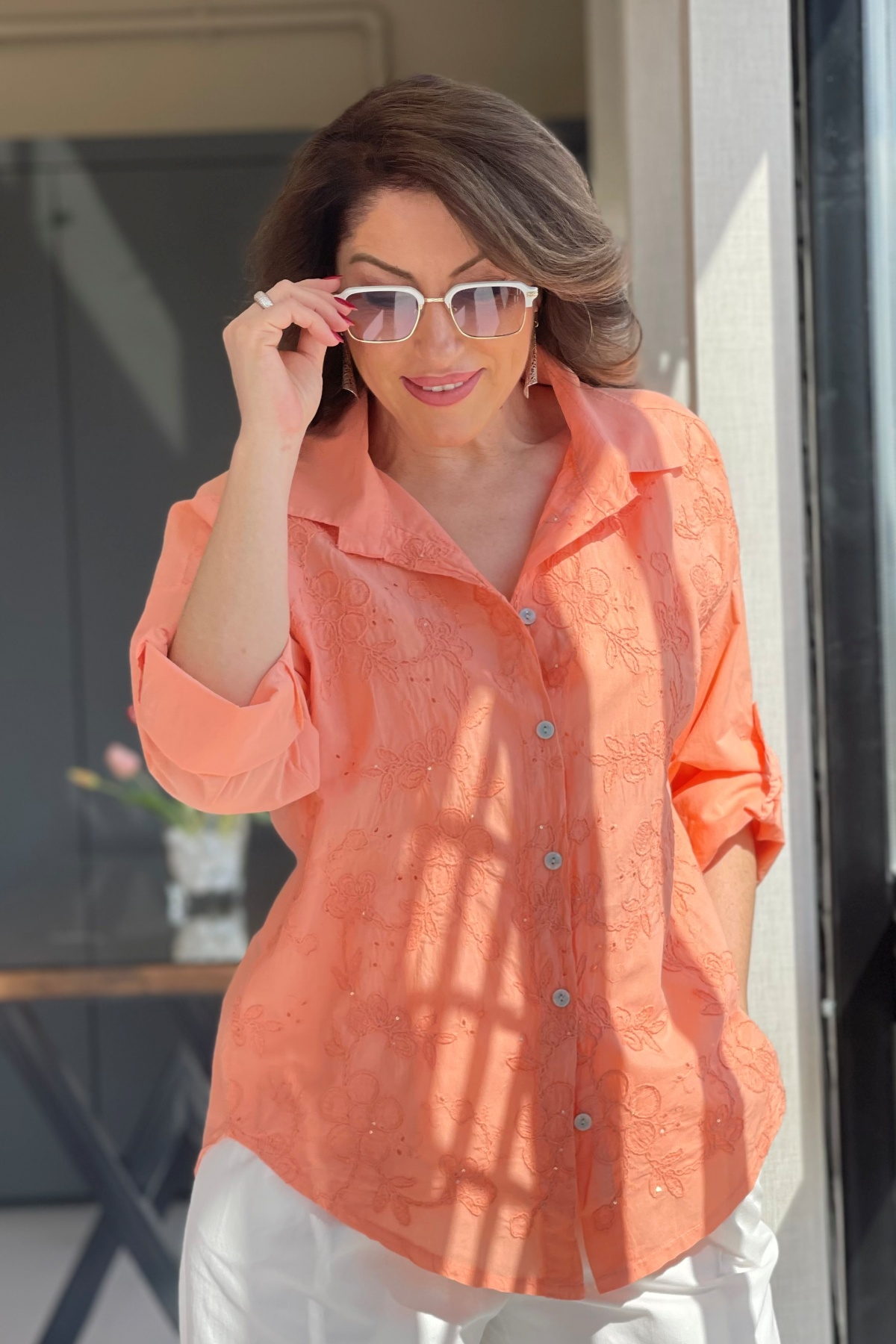 Floral Desen Orange Gömlek