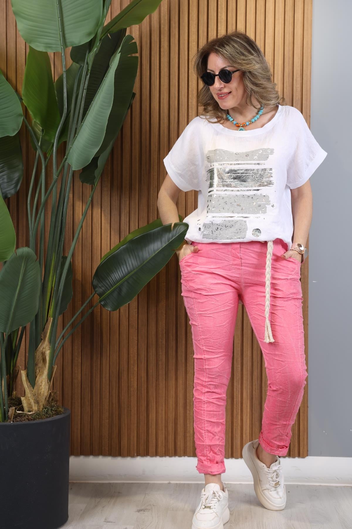 Halat Kemer İthal Pembe Pantolon