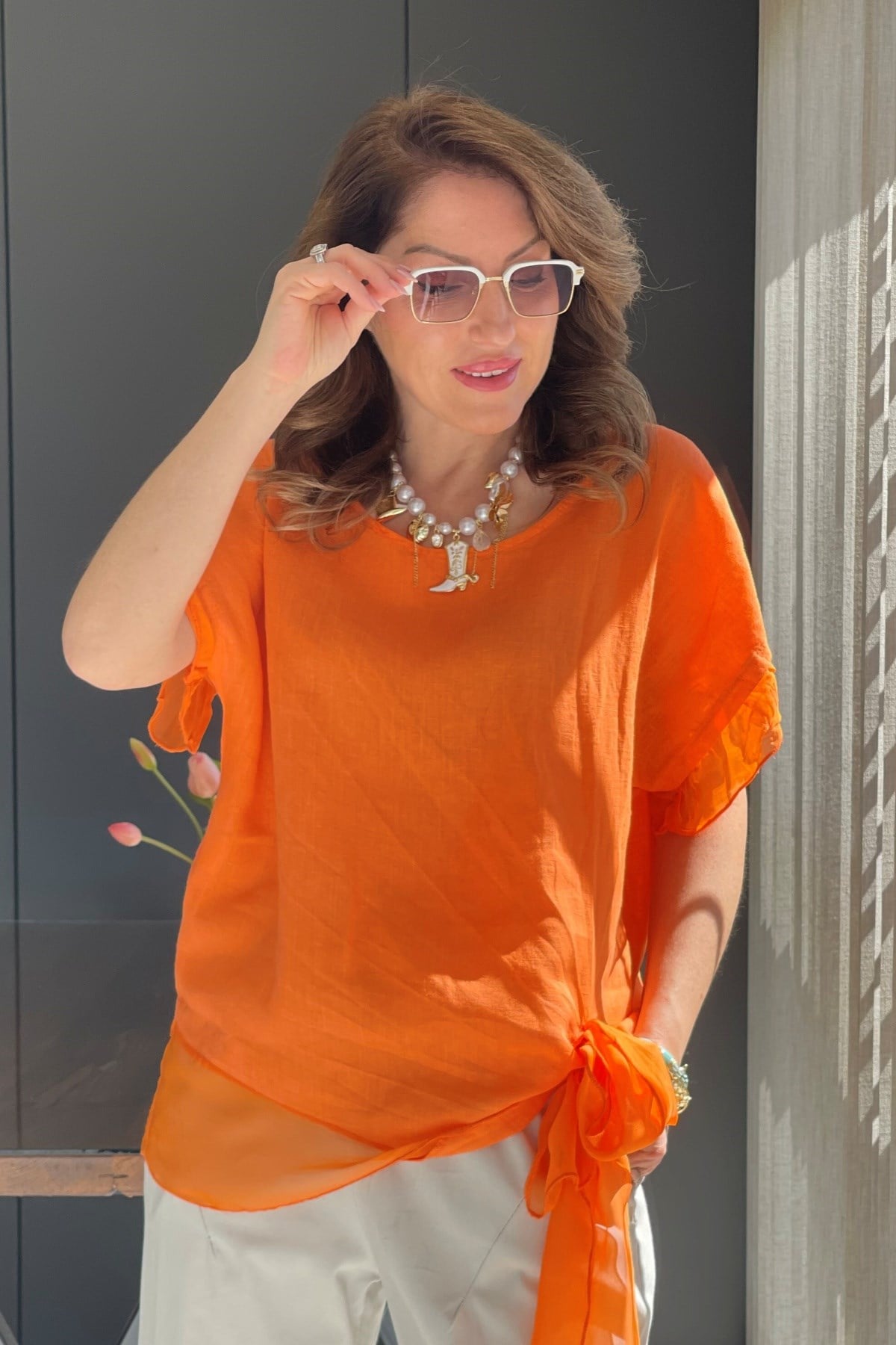 İthal Bağlama Detay Keten Oranj Bluz