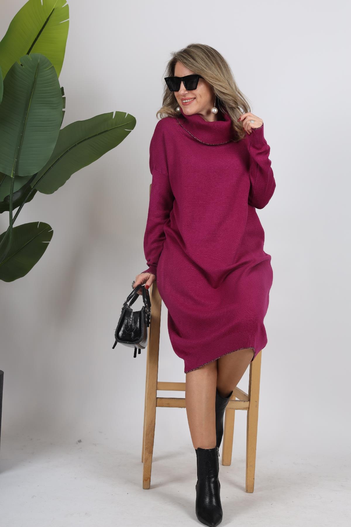 İthal Balıkçı Yaka Bordo Triko Elbise