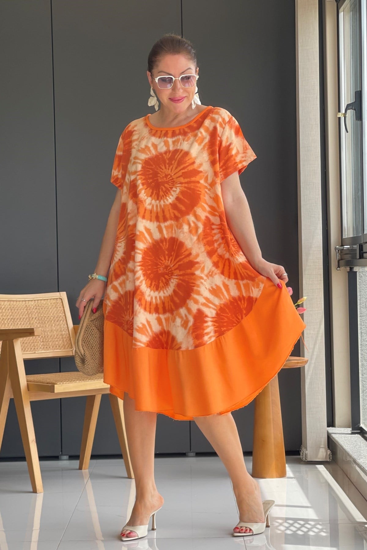 İthal Batik Desen Oranj Elbise
