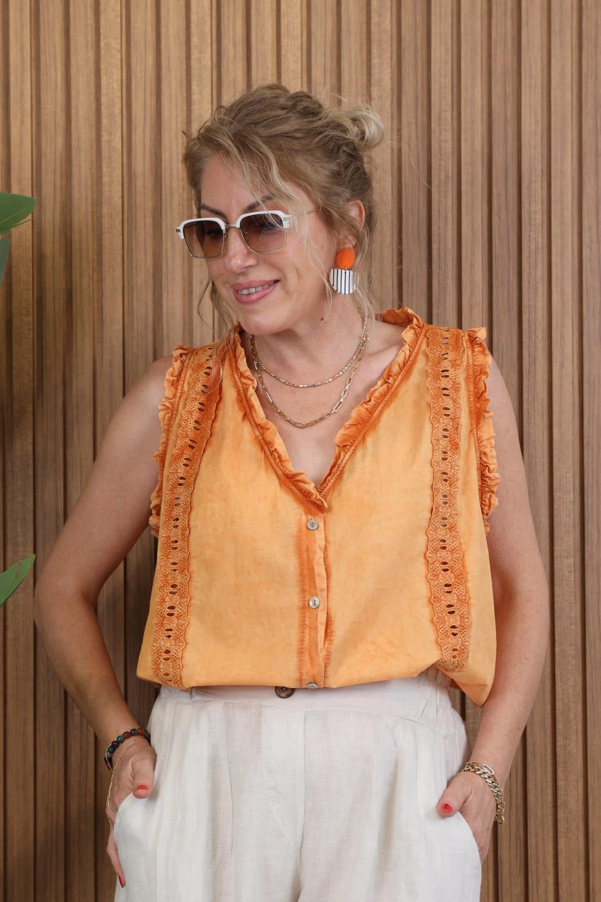 İthal Dantel Model Oranj Bluz