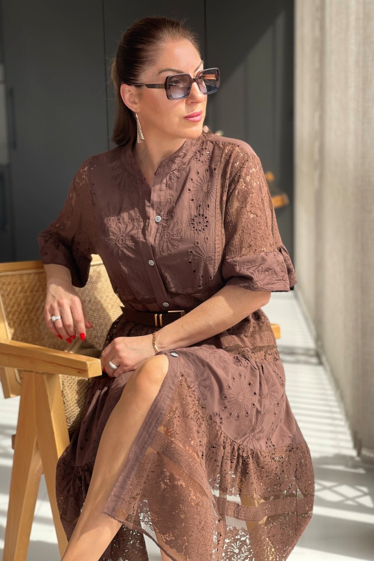 İthal Dantelli Kahve Elbise