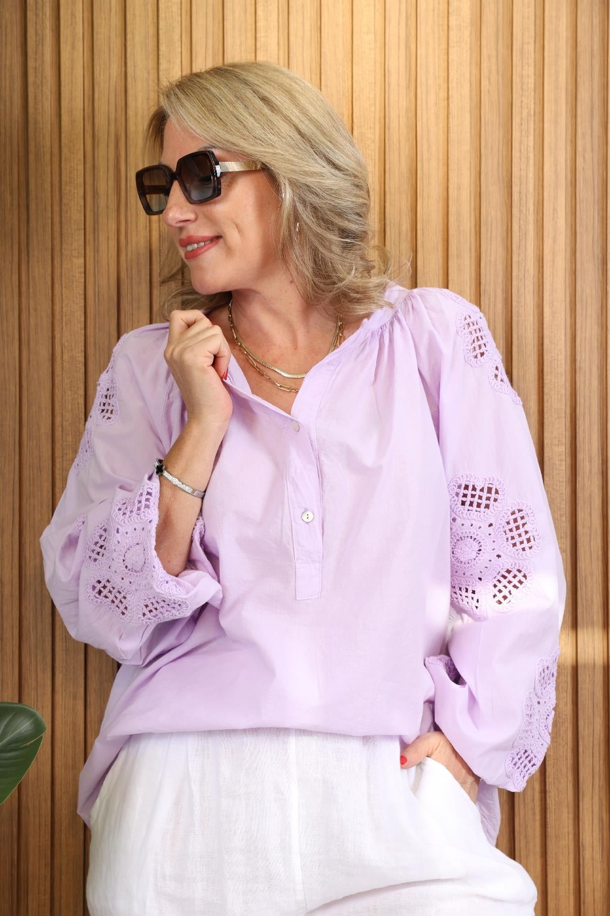 İthal Düz Desen Dantelli Lila Coton Gömlek