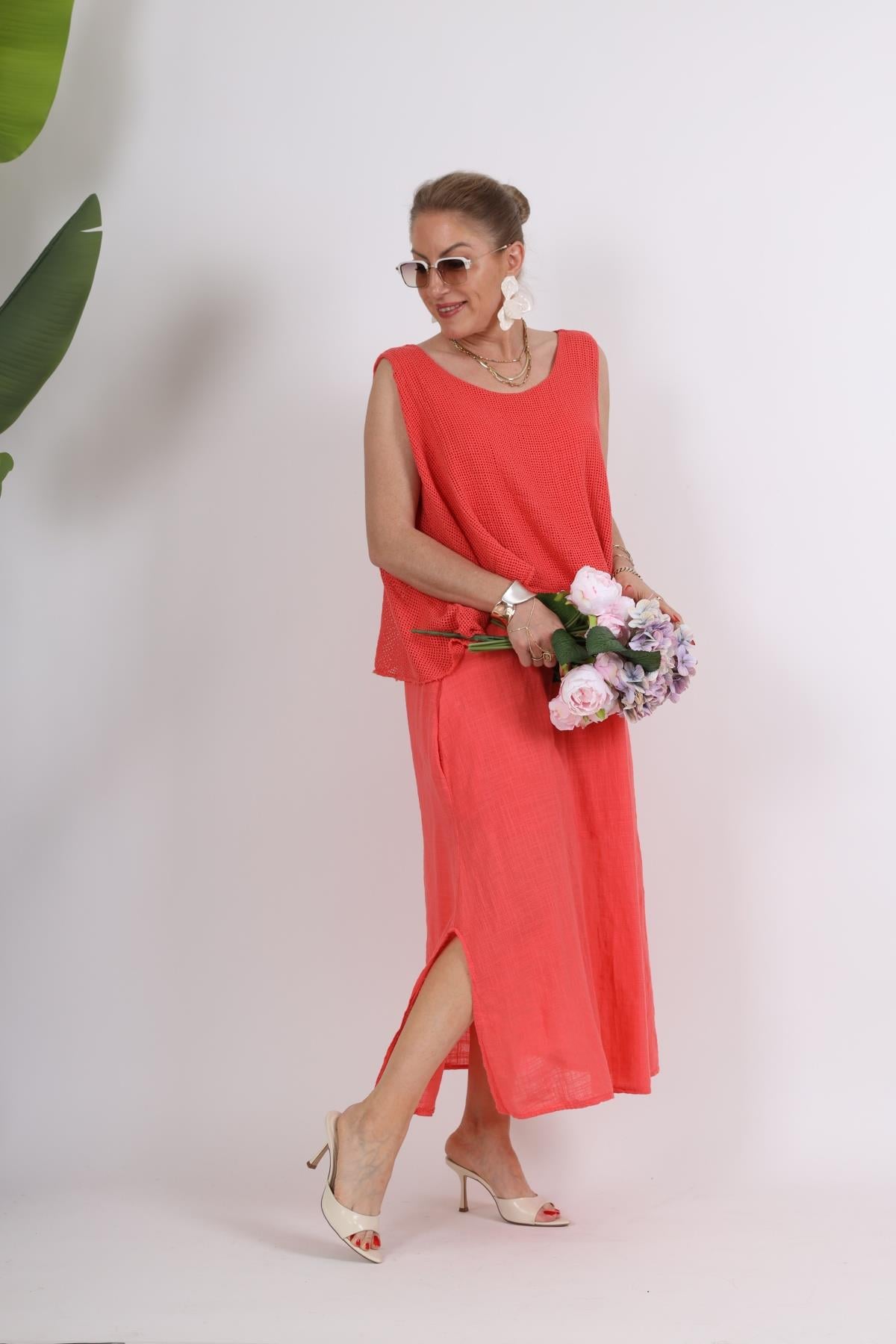 İthal File Detay Sıfır Kol Mercan Keten Elbise