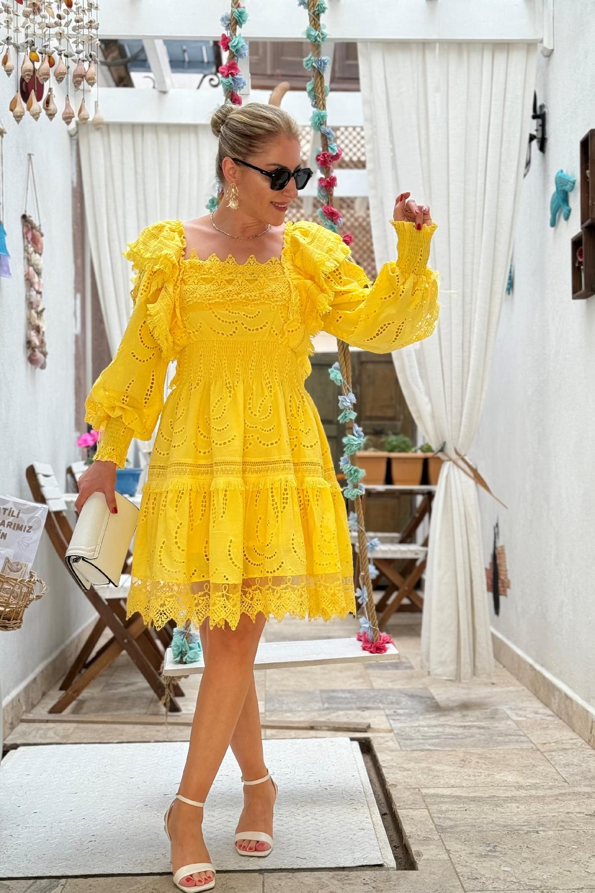 İthal Güpür Sarı Elbise