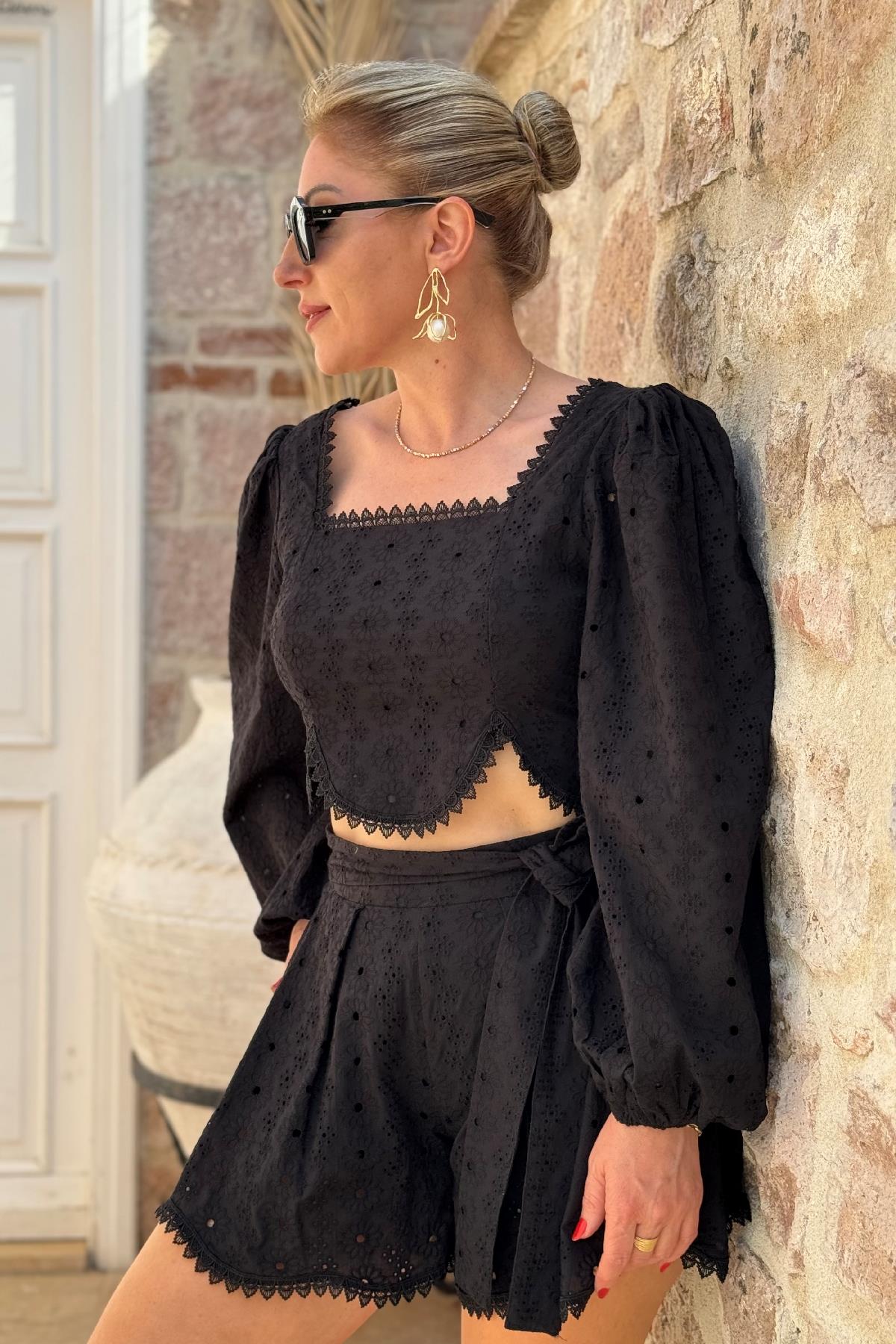 İthal Güpür Şortlu Siyah Takım