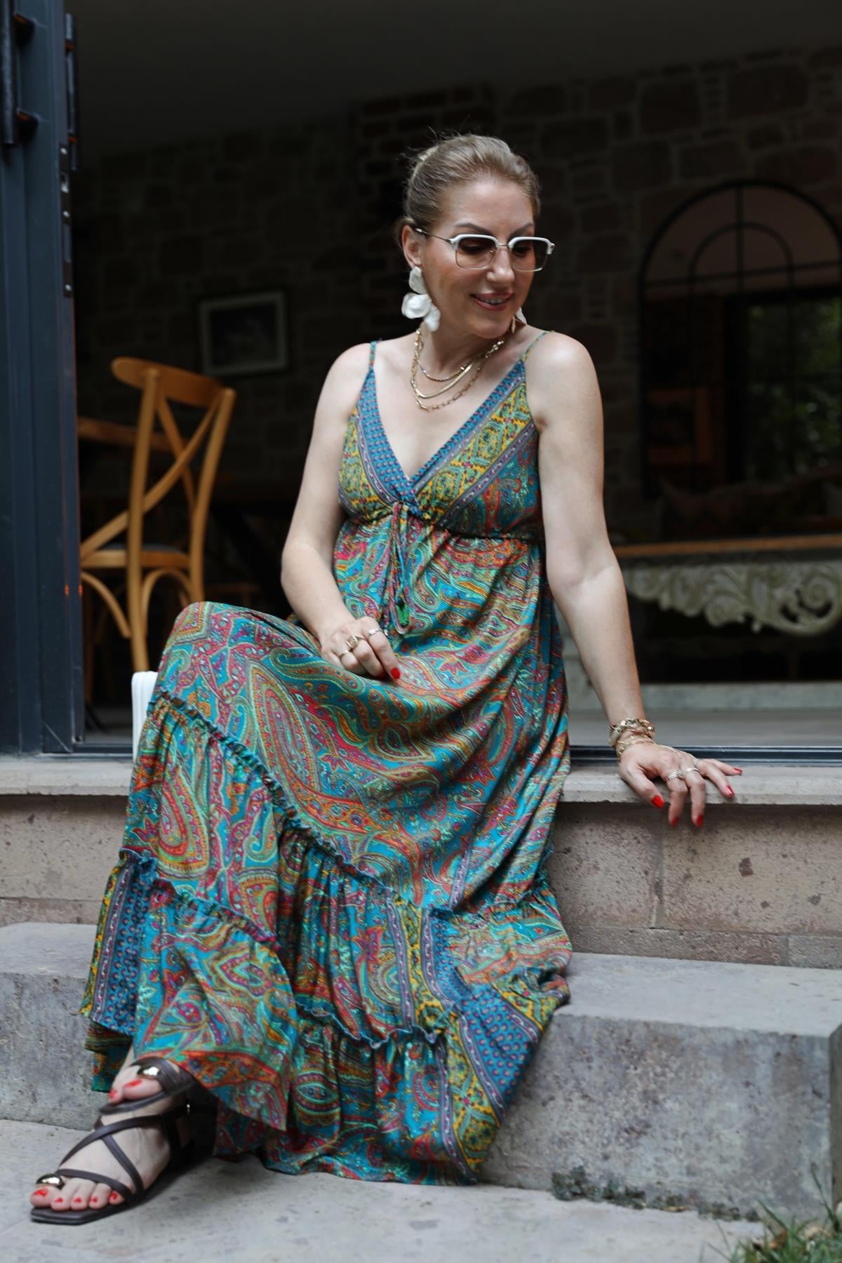 İthal Hint İpek İp Askı Detay Elbise