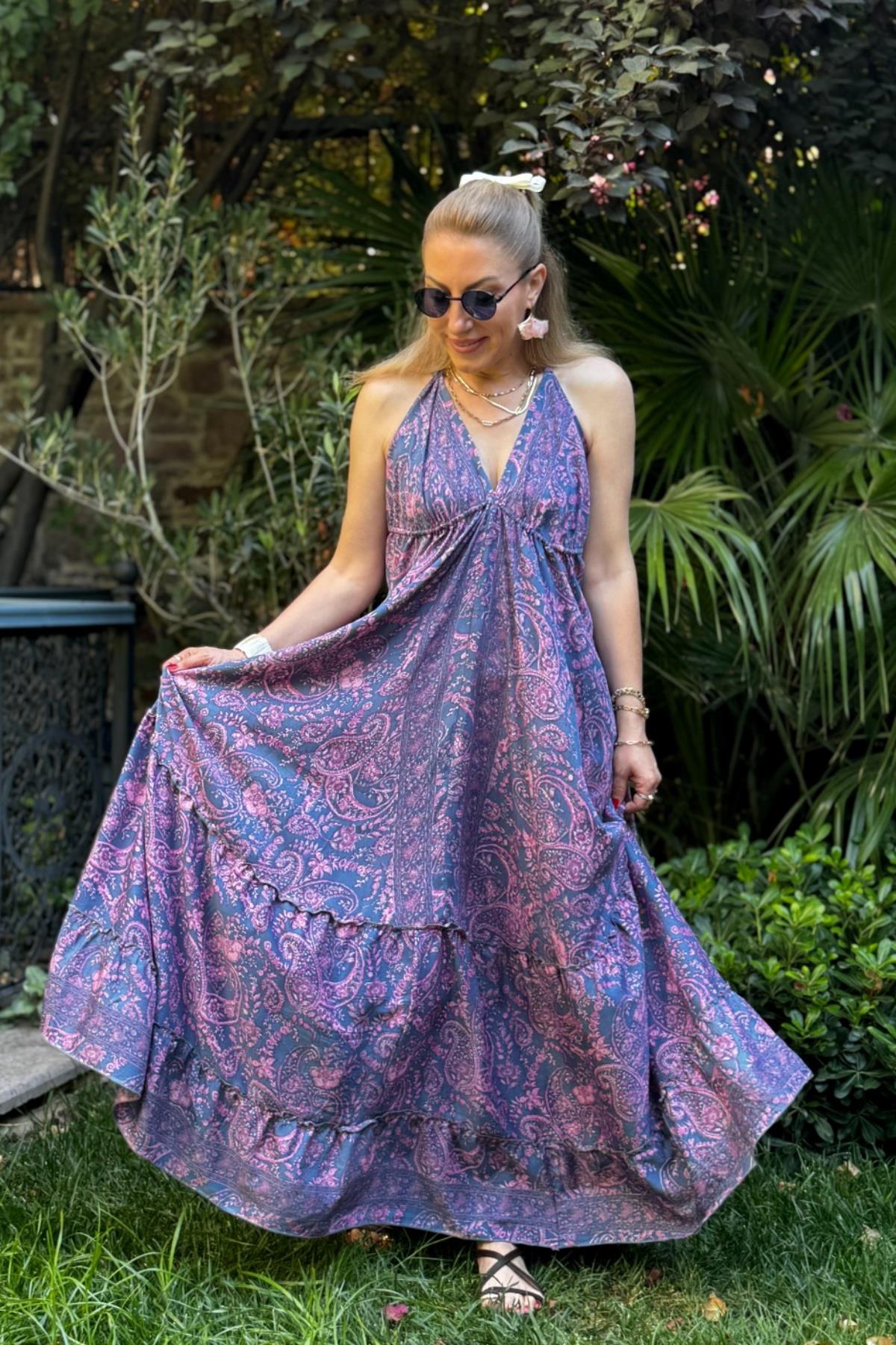 İthal Hint İpek Sırt Detay Elbise