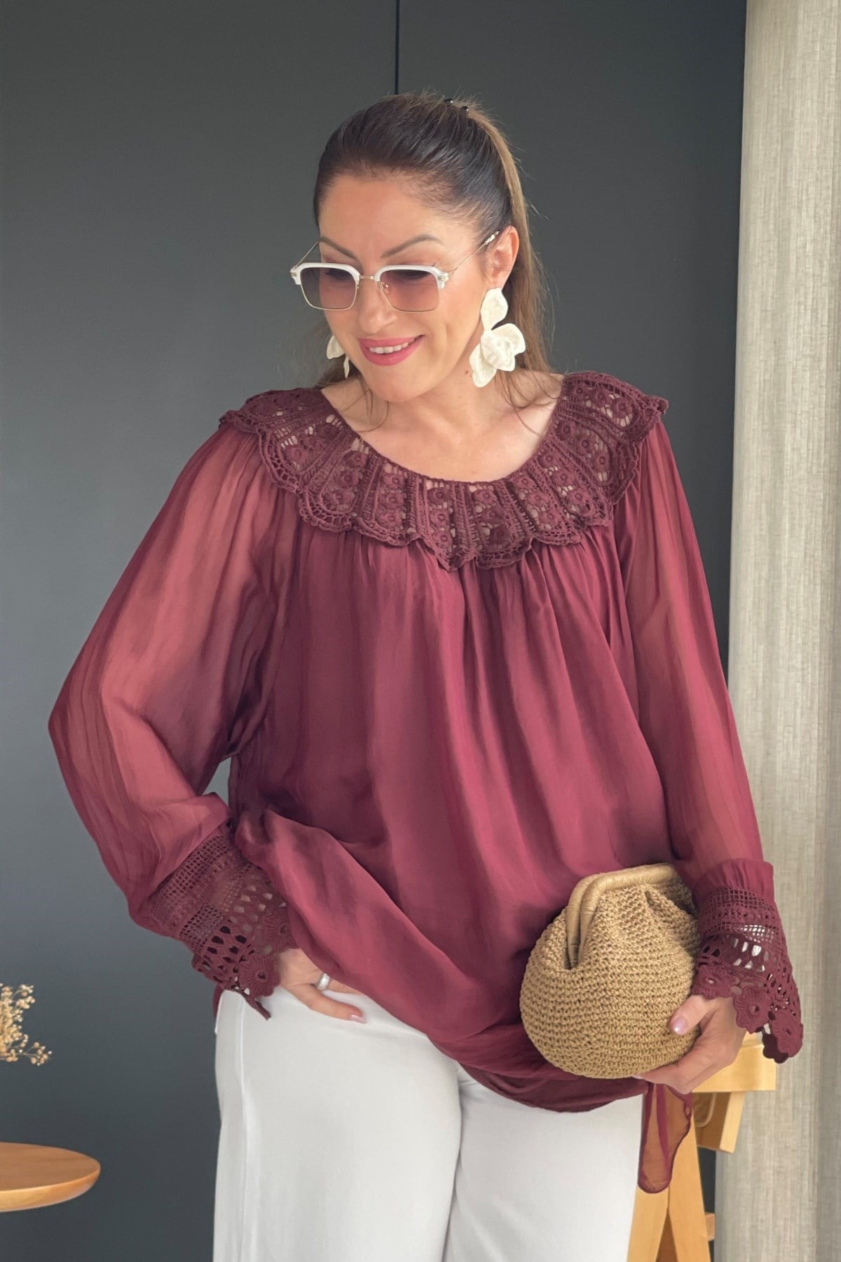 İthal İpek Dantel Yaka Bordo Bluz