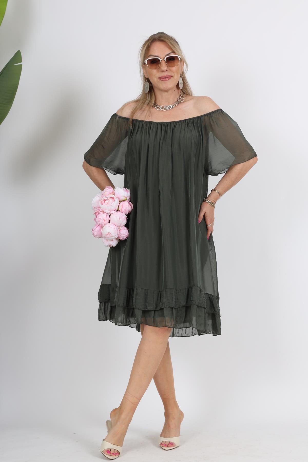 İthal İpek Haki Elbise