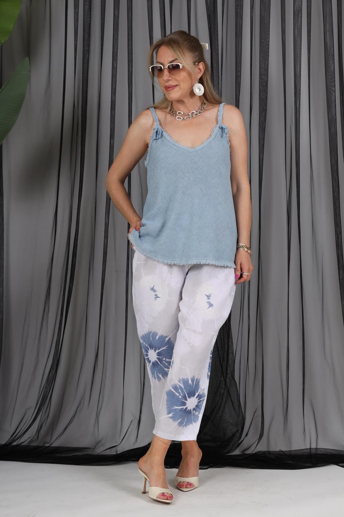 İthal Keten Batik Desen Beyaz Pantolon