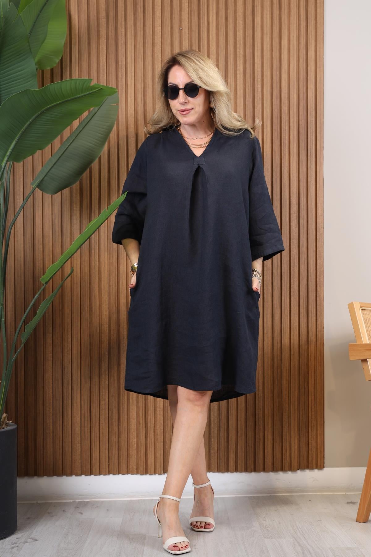 İthal Keten Midi Boy Antrasit Elbise