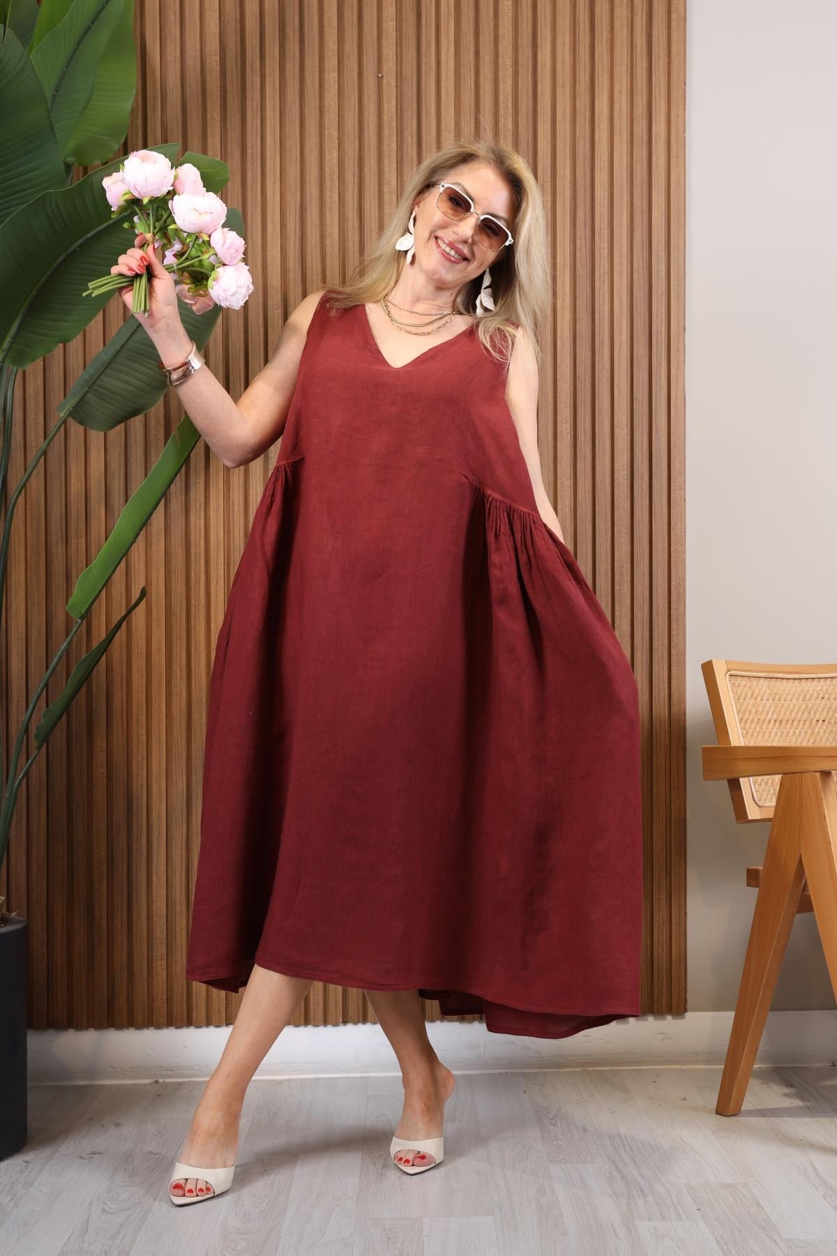 İthal Keten Oversize Bordo Elbise