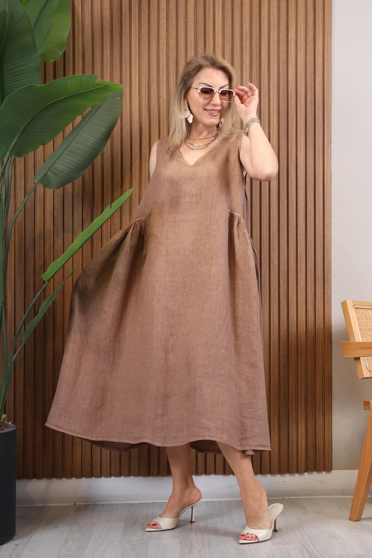 İthal Keten Oversize Cappuccıno Elbise