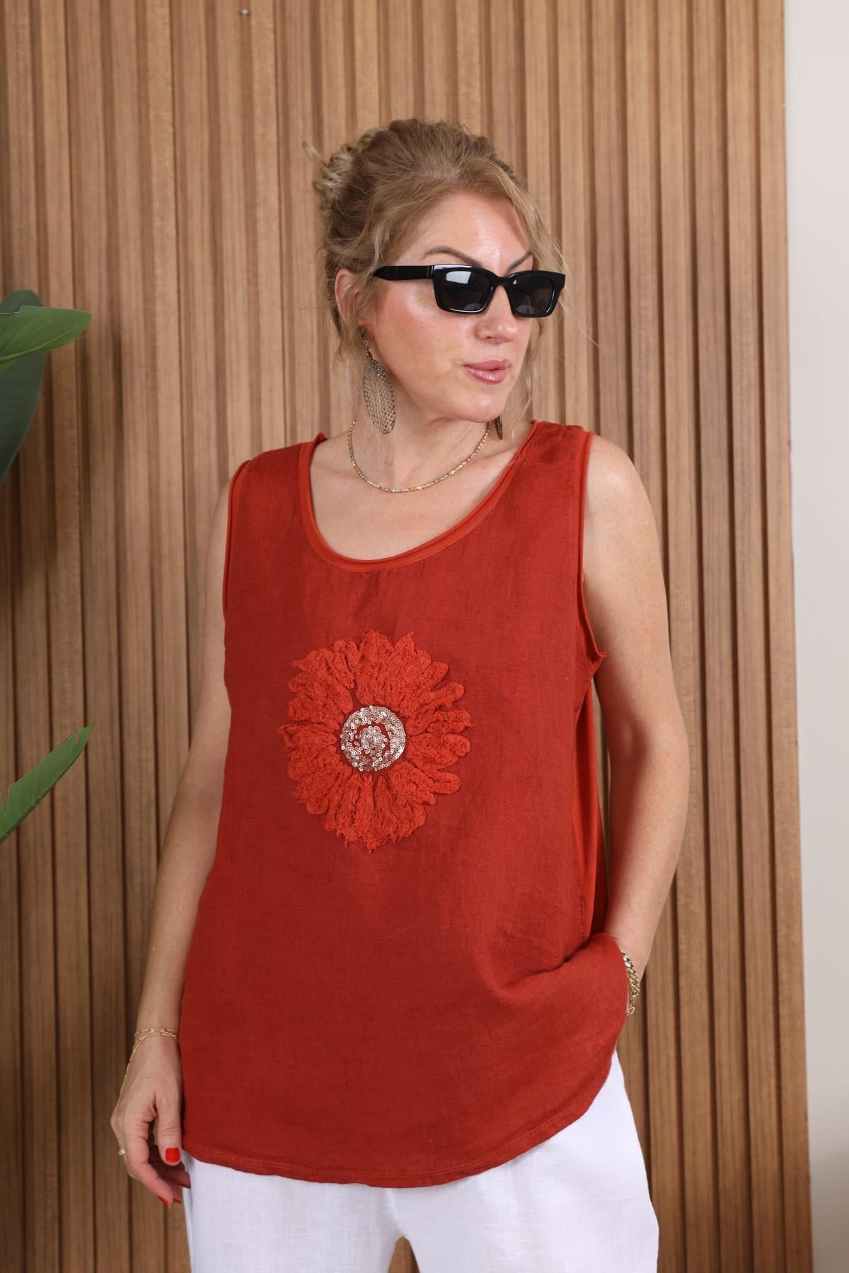 İthal Keten Papatya İşleme Detay Kiremit Bluz
