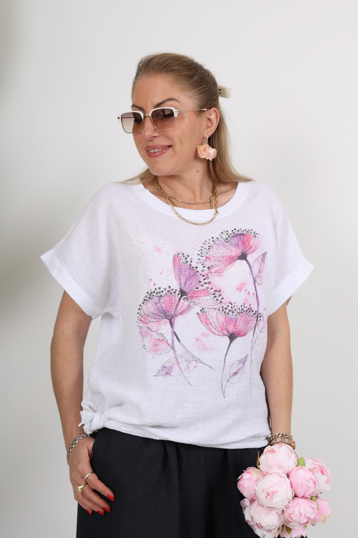 İthal Keten Taşlı Gelincik Desen Bluz