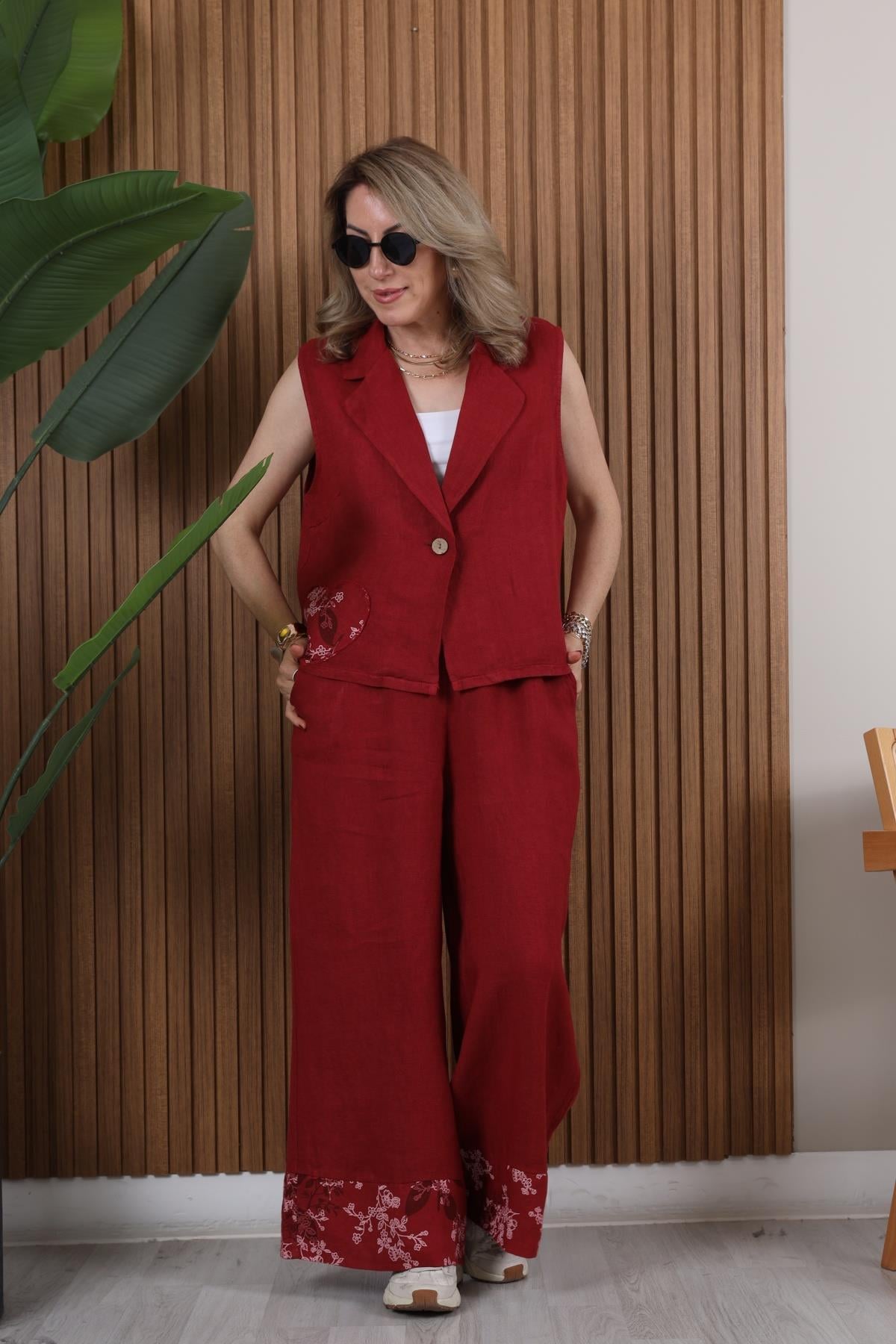 İthal Keten Yaprak Desen Yelekli Bordo Takım