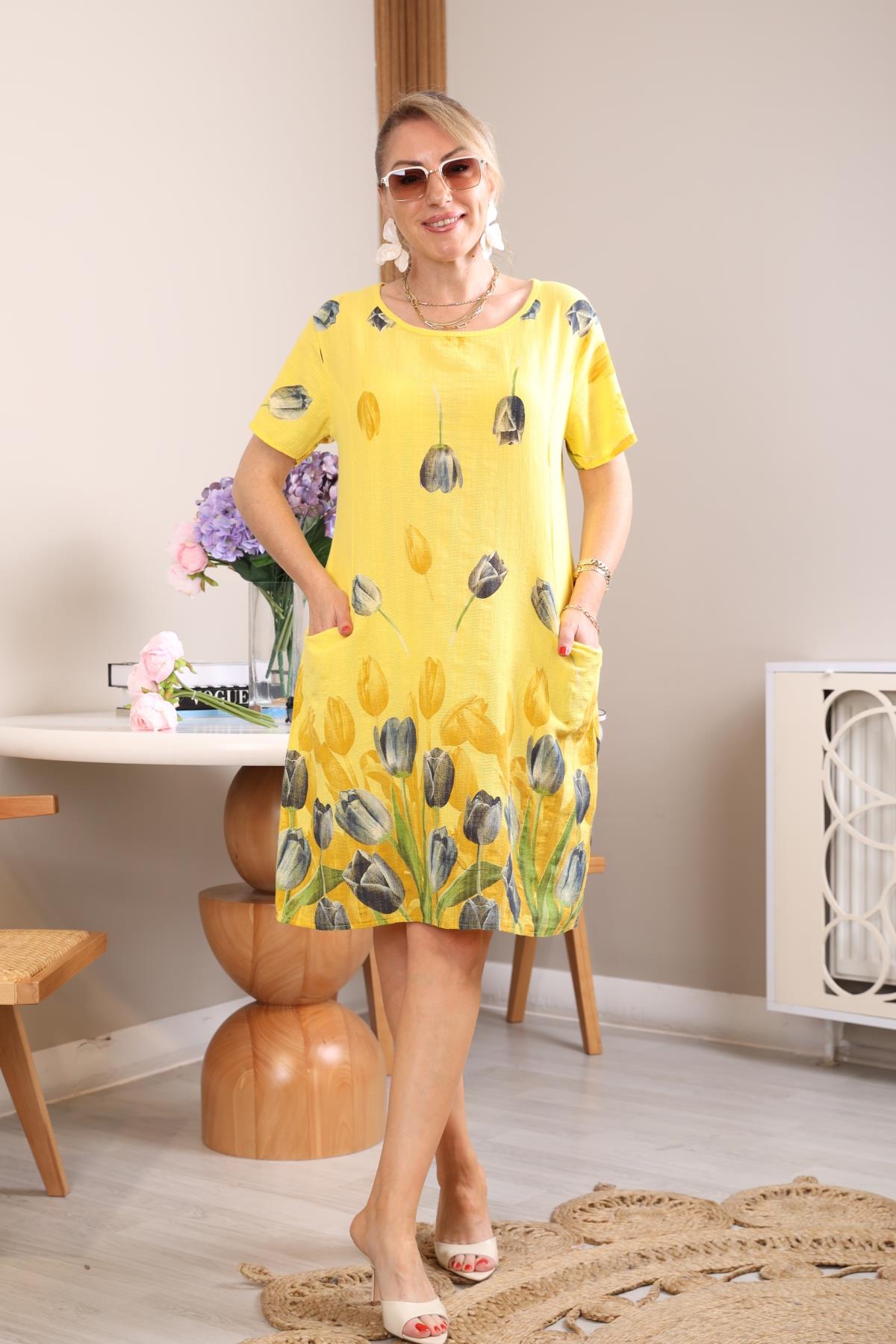 İthal Lale Desen Sarı Elbise