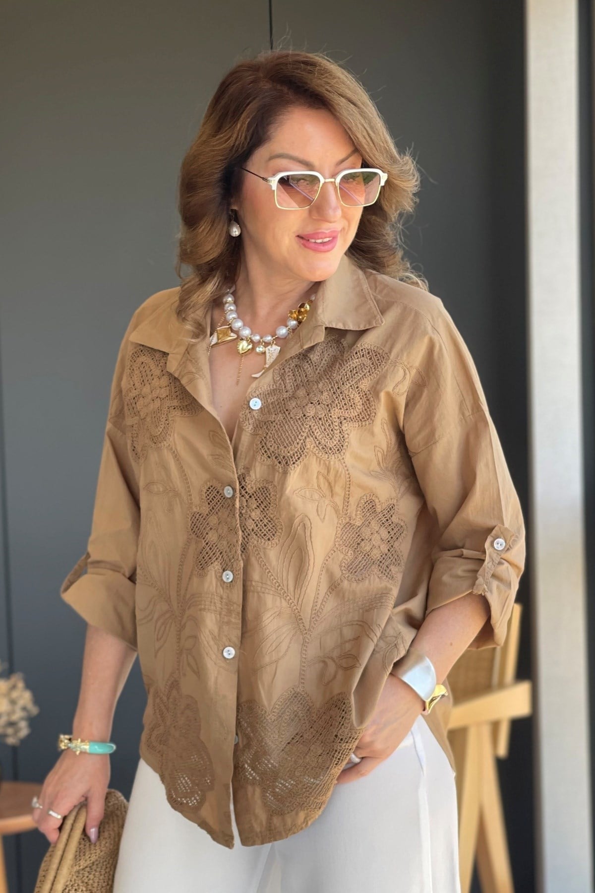 İthal Manolya Desen Cappuccıno Gömlek