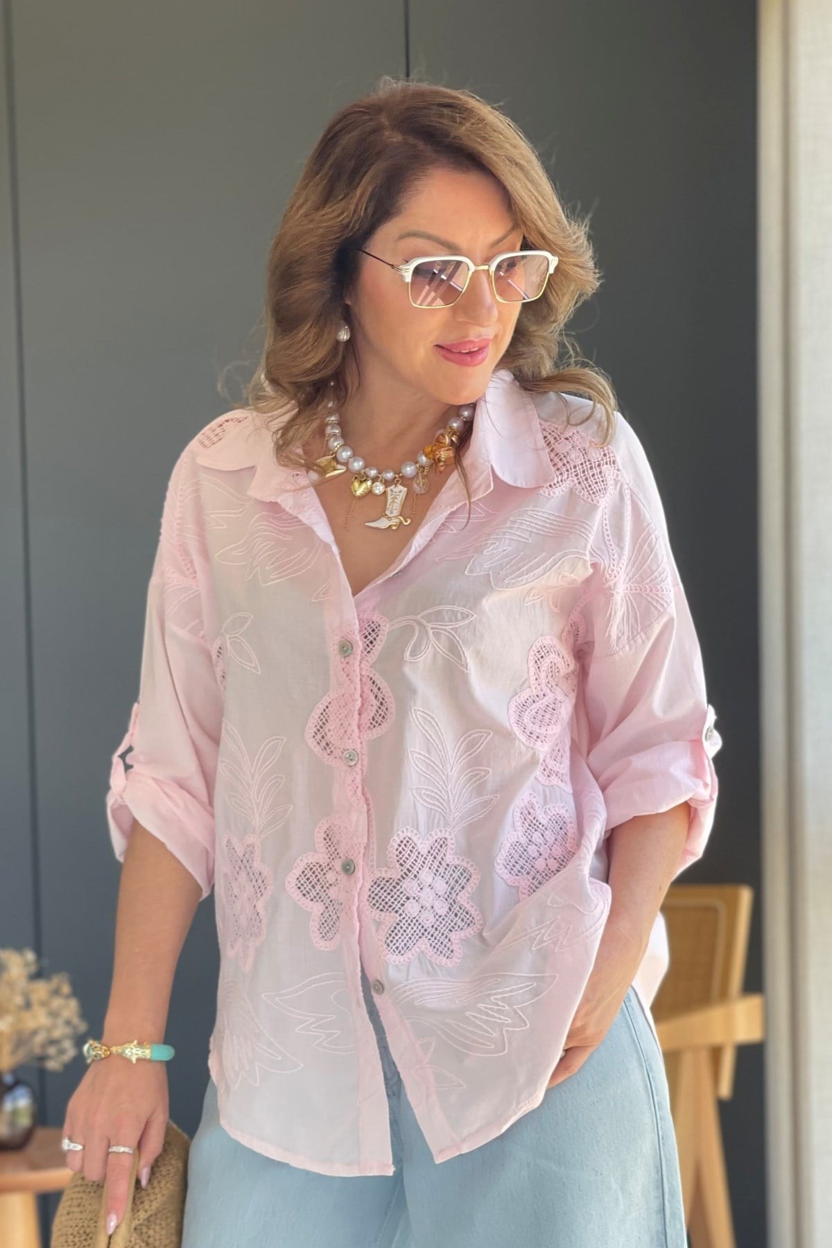 İthal Manolya Desen Pembe Gömlek
