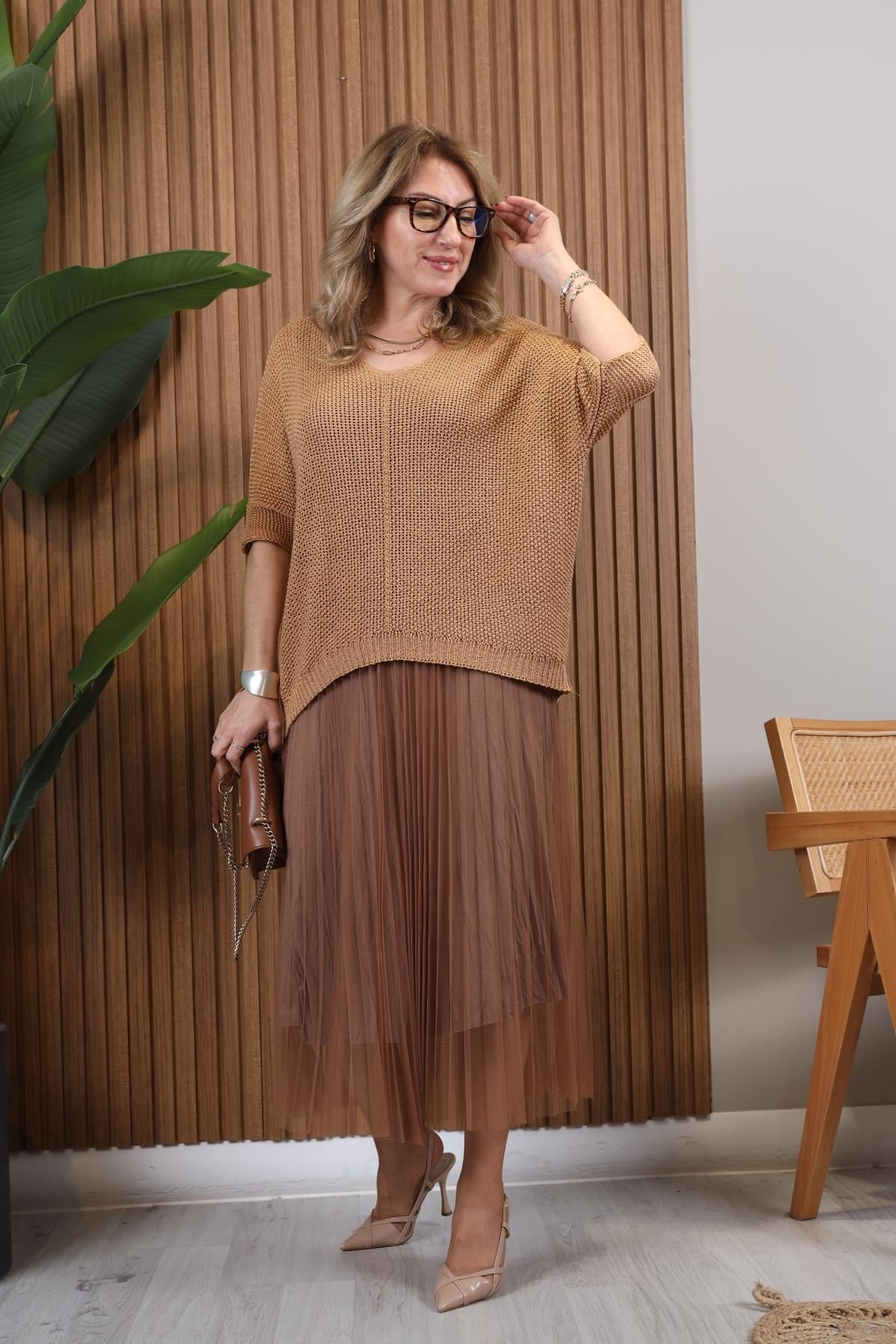 İthal Mersize Bluz Detay Cappuccıno Tül  Elbise