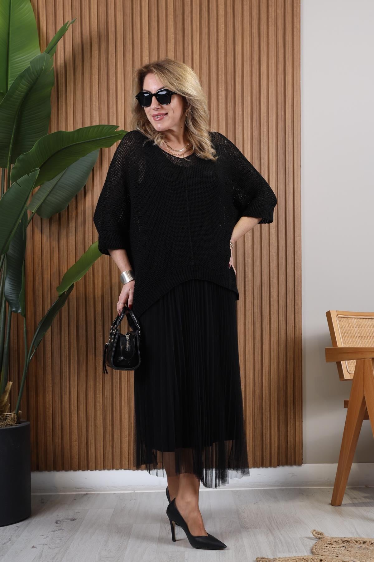 İthal Mersize Bluz Detay Siyah Tül  Elbise